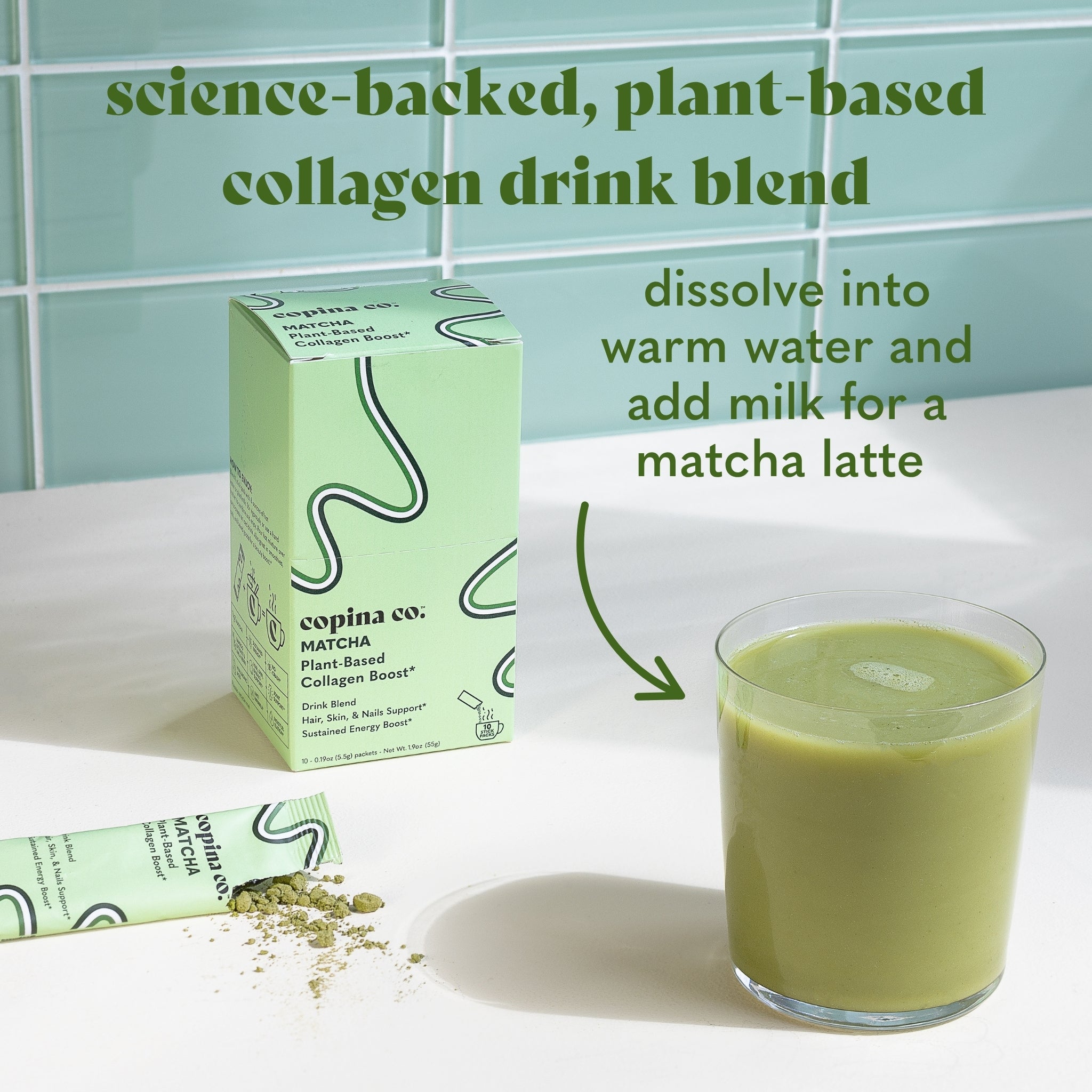 Copina Co. Matcha Beauty Plant-Based Collagen Support Drink Blend Dietary Supplement Stick Packs