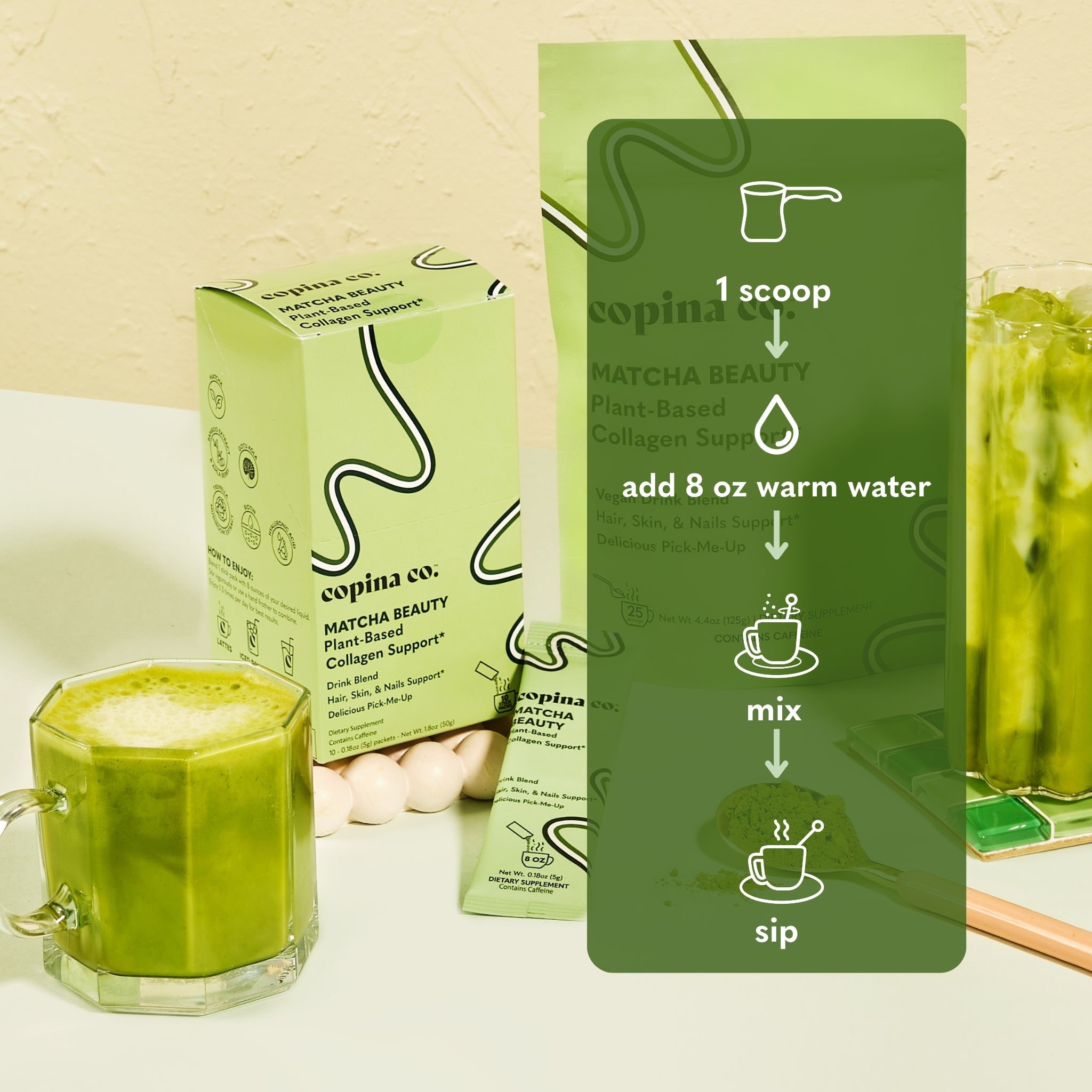 Matcha Plant-Based Collagen Boost Drink Blend Stick Packs